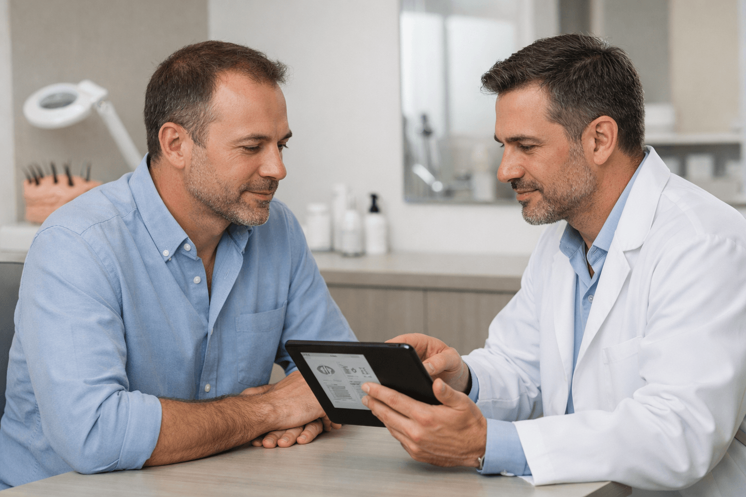 Patient discussing a hair transplant treatment plan with a clinician