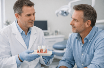 Dentist discussing veneer and crown options with a patient