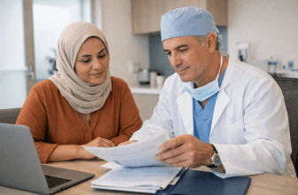 Patient reviewing surgical treatment documents with a surgeon in a hospital consultation room.