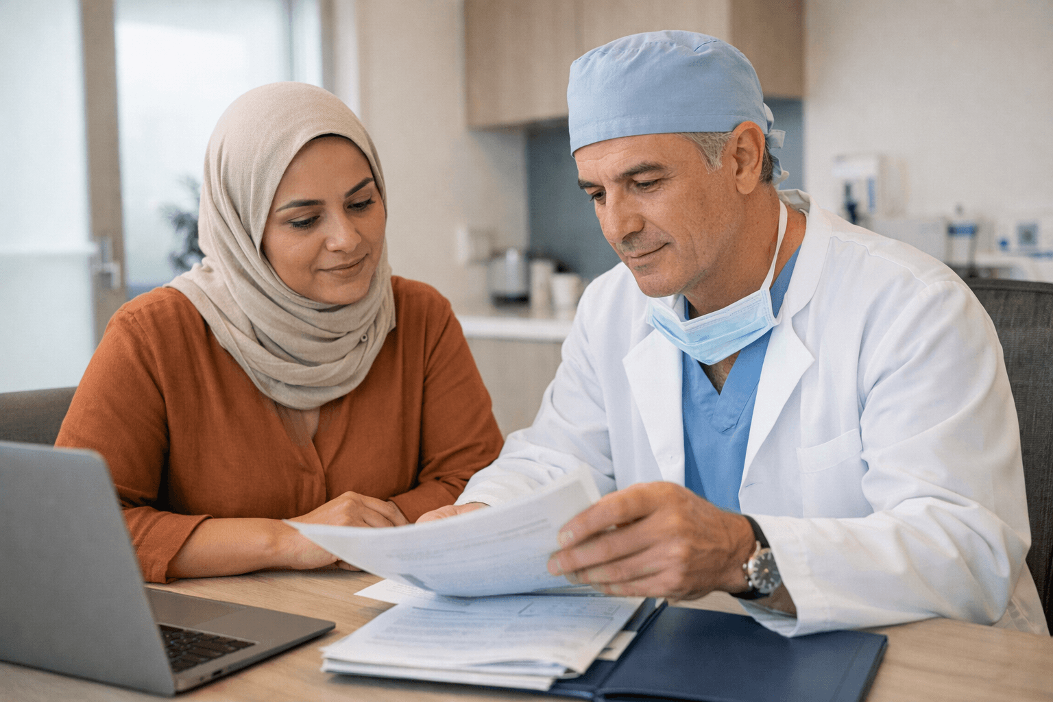 Patient reviewing surgical treatment documents with a surgeon in a hospital consultation room.
