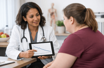 Bariatric specialist discussing weight-loss progress with a patient