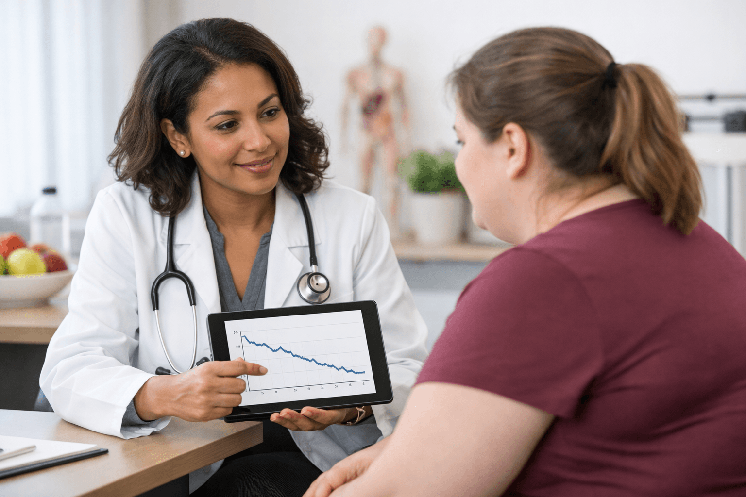Bariatric specialist discussing weight-loss progress with a patient